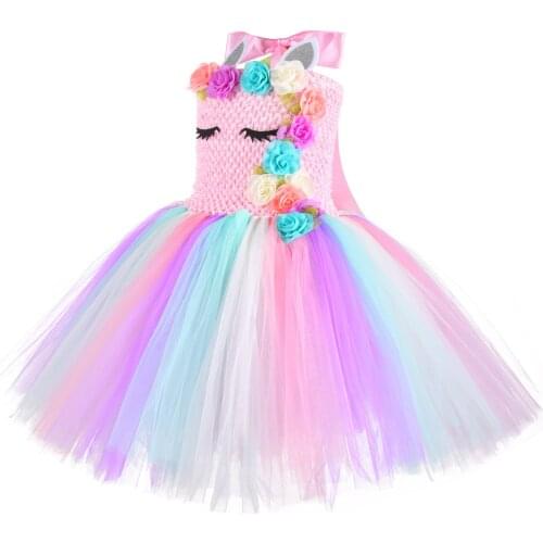 Child Flower Unicorn Tutu Skirt for Girls Autumn Spring Halloween Cosplay Costume Princess Dress Birthday Gift
