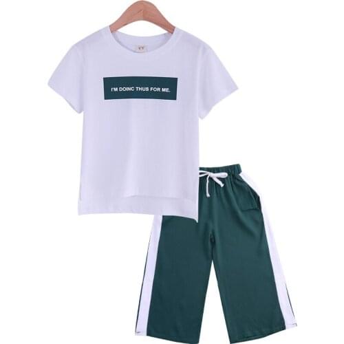 Kids girls short-sleeved suit letters printed T-shirt + striped pant 2pcs suit fashion new big virgin suit