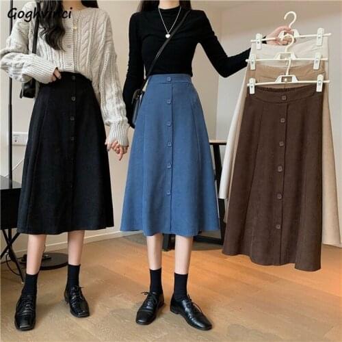 Women Skirts Solid Buttons Simple High Elastic Waist Slim Loose A-line Elegant Party Date Students Office Lady All-match Trendy