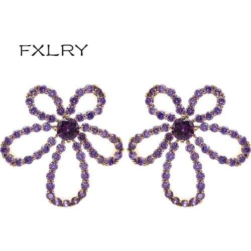 FXLRY Elegant Hollow Large Flower Earrings Simple Inlaid Purple Zircon Stud Earrings for women Wedding Jewelry