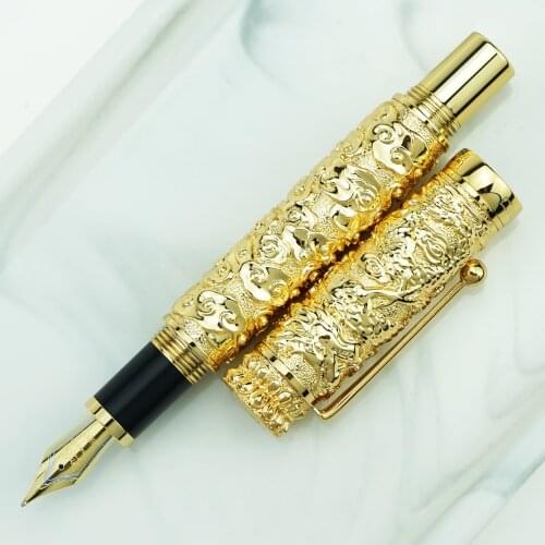 Jinhao Vintage Luxurious Metal Fountain Pen Dragon Cloud Heavy Big Pen Medium Nib Golden Color Carving Embossing Collection Gift