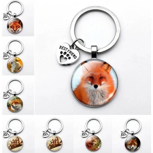 Lovely Fox Picture Glass Cabochon Keychain Animal Pendant Metal Key Rings Christmas Gifts For Kids