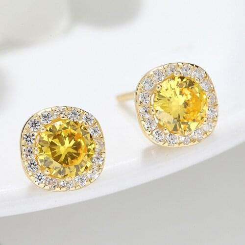 Fashion citrine yellow crystal zircon diamonds gemstones stud earrings for women 14k gold color jewelry bijoux party accessories