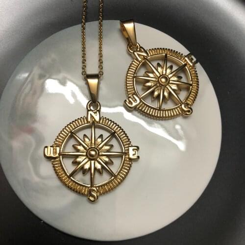 Trend Hip Hop Jewelry gold compass pendant necklace Punk Round Charms Chains Stainless Steel North Star Compass Necklace