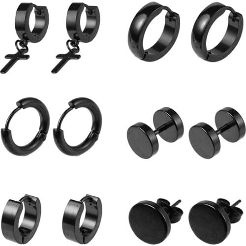 Men Black Earrings Stainless Steel Zircon Circular Ring Triangle Steel Stud Round Hoop Perforated Earrings For Men Women