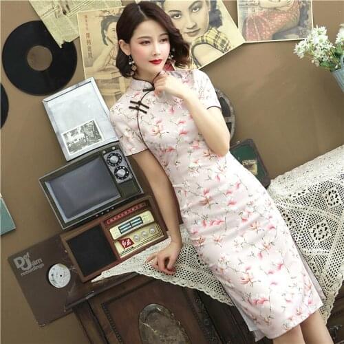 New Silk Cheongsam Dresses Pink Double Chinese Qipao Printed Medium Long Ancient Silk Improve Clothing Pink Flowers