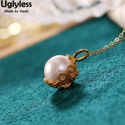 Uglyless Like a Bowl Natural Pearls Necklaces NO Chains Hollow 925 Silver Vines Pendants for Women Gold Elegant Pearls Jewelry