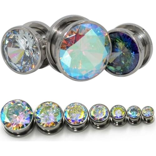 PAIR Stainless Steel Zircon Crystal Ear Plugs Tunnels Gauges Screw Fit Grind Arenaceous Piercing Expander Strecther Earring