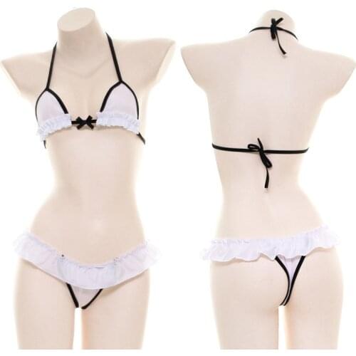 Japanese Girls Sexy Lolita Ruffle Lace Underwear Maid Bowknot Bra & Panties Set Bandage Sleepwear White Lingerie Set Cosplay
