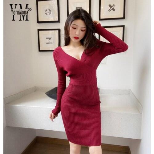 YornMona Sexy V-neck Package Hips Bodycon Dress Women 2021 Autumn Winter High Waist Knit Sweater Dress Elegant Lady Office Dress