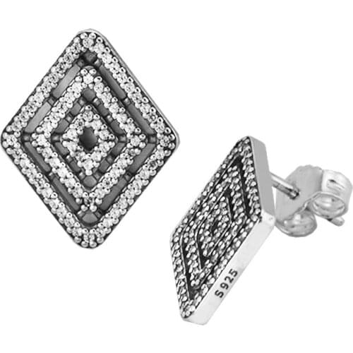 Geometric Lines Stud Earrings with Clear CZ 100% 925 Sterling-Silver-Jewelry Free Shipping