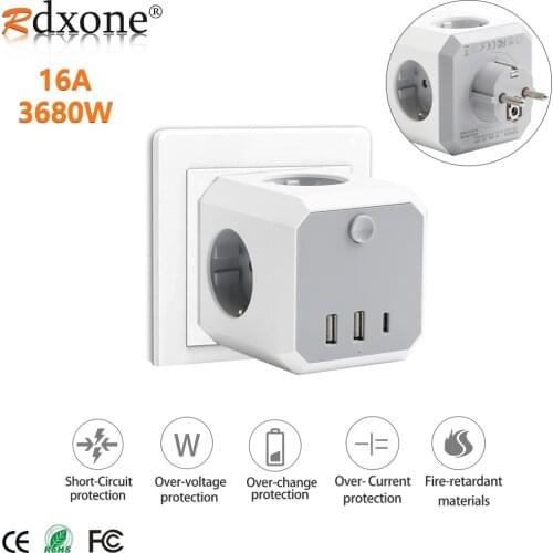 16A EU Wall Socket Power Strip with 4AC Outlets 3 USB Charger Adapter1 TO 4 Socket With Overload protection on/off Switch