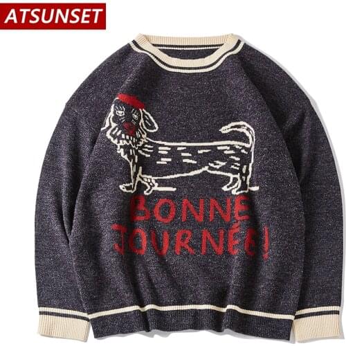 ATSUNSET Cartoon Dachshund Embroidery Sweater Harajuku Retro Style Knitted Sweater Autumn And Winter Cotton Pullover Tops