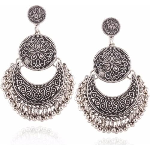 Vintage Bohemian Beach Carve Flower Pattern Retro Semi - Circular Earrings Ethnic Earrings Brincos