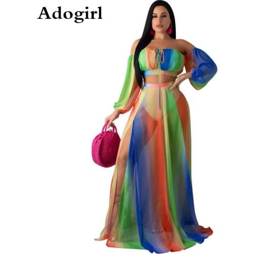 Adogirl Rainbow Chiffon 2 Piece Set Skirt Woman Transparent Strapless Off Shoulder Crop Top+ High Slit Maxi Skirt Woman Outfits