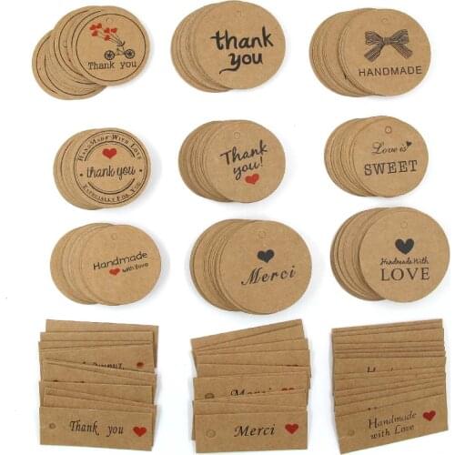 100pcs Paper Tags Kraft Packing Gift Tags Handmade/Thank You Tag For Clothes Printed Heart/Bow Lable DIY Wedding/Party/Christmas