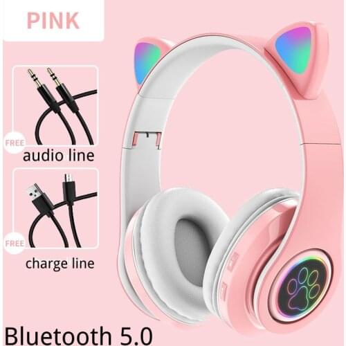 Bluetooth Headphones Flash Light Cute Cat Ear Paw Girls Gift Kids Headset Wireless HIFI Stereo Bass 3.5mm Plug With Microphone