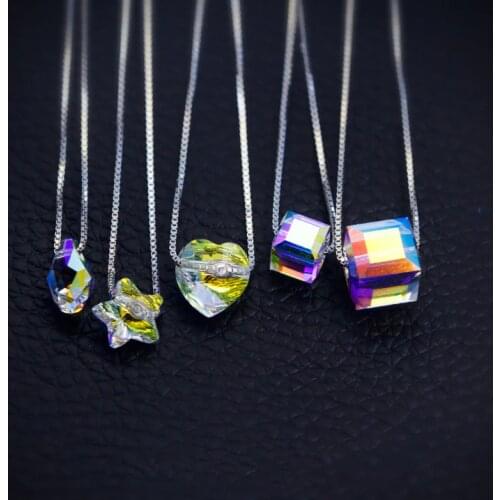 925 Sterling Silver Chain Square/Heart Austrian Crystal Shiny Colorful Pendant Necklace For Girls Lady Modern Minimalist Jewelry
