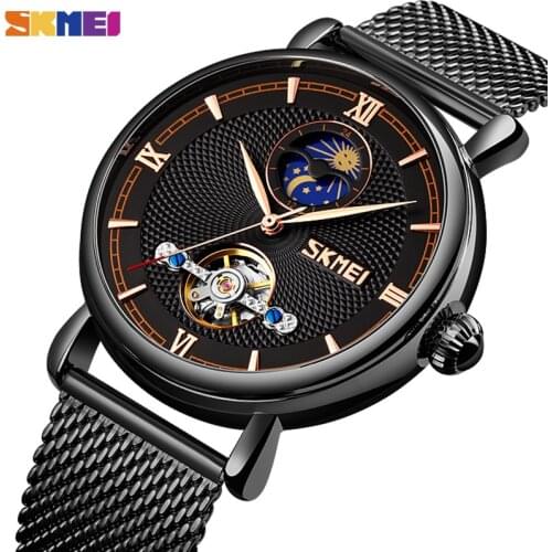 SKMEI Business Automatic Mechanical Watch Men Automatic Wristwatches Mens Fashion Hollow Moon Phase Luxury Relogio Masculino