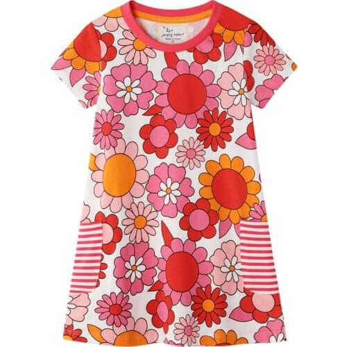 Jumping Meters New Arrival Summer Girls Flowers Dresses with Pockets Baby Clothes Floral Kids Cotton Tunic Toddler Girls Dress