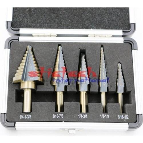 By dhl 20set practical 5pcs / Set HSS COBALT MULTIPLE HOLE 50 Sizes STEP DRILL BIT SET w / Aluminum Case
