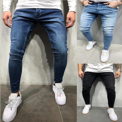 New Men Distressed Denim Jeans Casual Stretch Skinny Mid Waist Denim Pencil Black Pants Men Slim Fit Blue Jeans Vaqueros Hombre