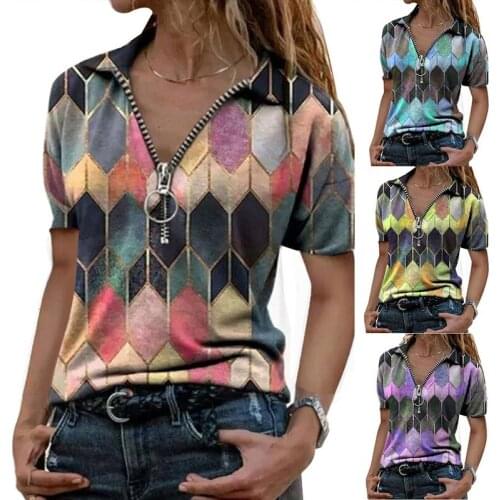 Kuelawear Slim V-neck Women Tops Printed Zipper T-shirt Ladies Cotton T-shirt Summer Casual Shirt Lapel Short Sleeve Plus Size