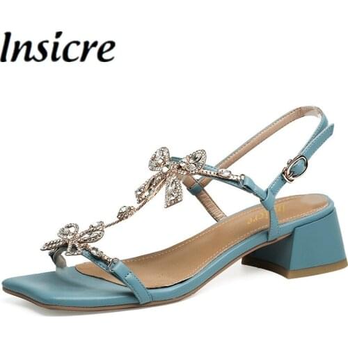 Insicre Women Summer New Fashion Square Toe Sandals 2021 Cow Leather Rhinestone Bowknot Casual Party Shoes Big Size 34-43
