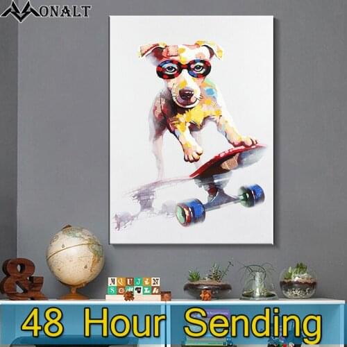 Dog Playing Scooter Canvas Print Oil Painting Hand Painted Living Room Abstract Canvas Wall Pictures Hoom Decor Animal Posters