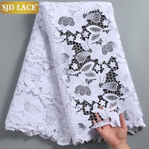 SJD LACE Pure White Nigerian Guipure Cord Lace Fabric With Stones African Lace Fabric Water Soluble Laces For Wedding PartyA2256