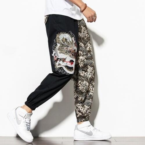 Mens Chinese Dragon embroidery Printed Casual Pants Thin Hip-hop Flared Pants Plus Size Cotton Joggers Cool Pants Streetwear