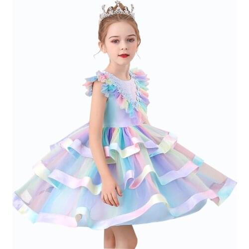 2021 new girls' birthday party dinner lace Sequin dress childrens Christmas communion Party Cake mesh Rainbow Dress