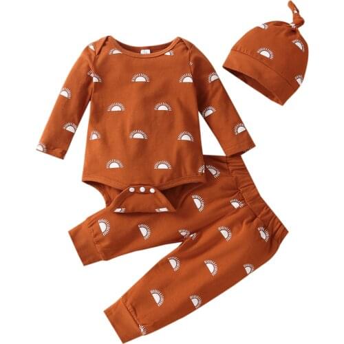 Citgeett Autumn Newborn Baby Girls Boys Sun Print Outfits Long Sleeve Playsuit + Trousers + Cap Spring Clothes Set