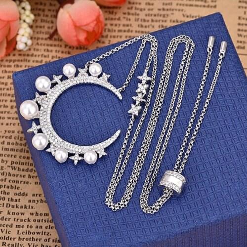 Fashion Zircon Silver Color Crystal Moon Pearl Necklace Female Jewelry Collar Statement Girls Pendant Zk30