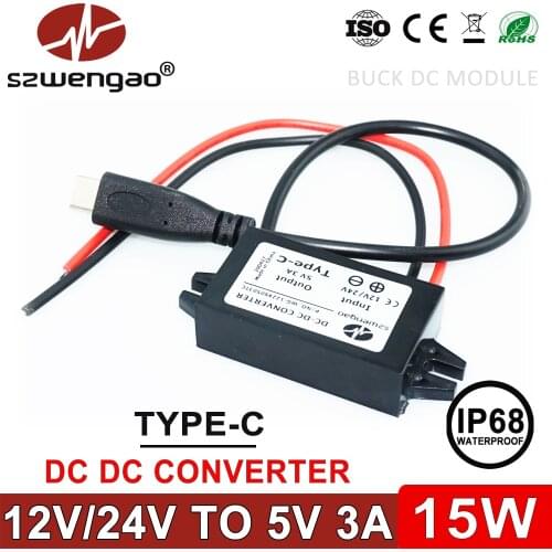 Szwengao 12V 24V to 5V 3A 15W Buck Converter Micro Mini Type-C USB Charger Car Step Down Voltage Regulator Waterproof