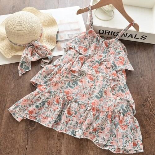 Chiffon Casual Girls Dresses Summer with Hat 2 Piece Suit Childrens Clothes Kids Girls Party Princess Print Dress Vestidos