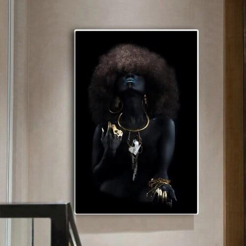 Fluffy Hair African Black Women Golden Finger Oil Painting on Canvas Cuadros Posters and Prints Wall Picture for Living Room