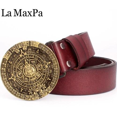 Mens fashion belt round buckle aztec sun calendar pattern cowskin leather Mayan aztec personality gift belt for men