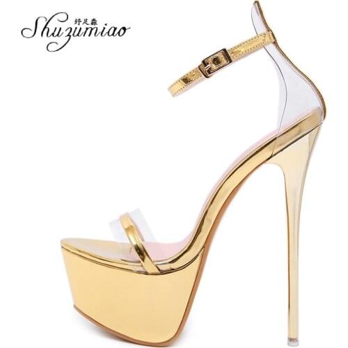 Shuzumiao Shoes Dress 2020 New Platform Cover Heel High Thin Heels 18cm Transparent Open Toe Black Stripper Shoes Ladies Shoes