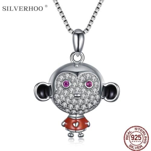 SILVERHOO For Women S925 Sterling Silver Necklace Inlay Zircon Small Monkey Type Pendent Necklace Cute Animal Gifts Fine Jewelry