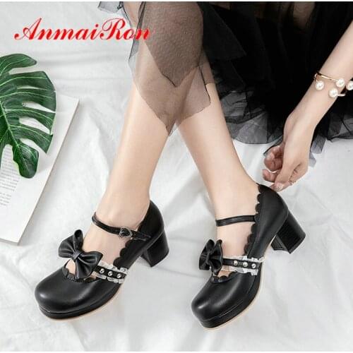 ANMAIRON Buckle Strap Womens Shoes Square Heel Casual PU Round Toe Mary Janes Sweet Spring/Autumn Platform High Heel Shoes 34-43
