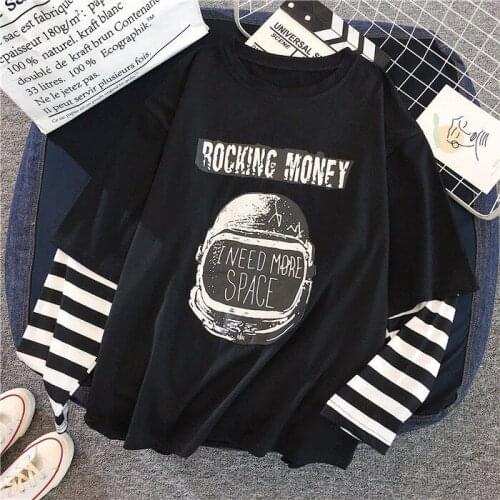 Spring Harajuku Female T-Shirts 2021 Autumn Women Long Sleeve Oversized t-shirt Casual Letter Printed Patchwork stripe black Top