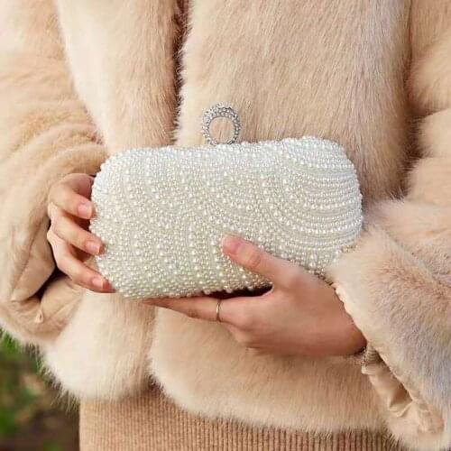 Beading Party Women Evening Bags Full Pearl Diamonds Finger Ring Metal Luxury Party Holder Day Clutch Retro Purse