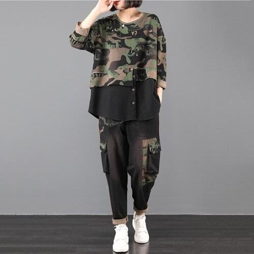 Literary style fashion retro set female 2021spring autumn new Korean version loose large size printing casual two-piece setss127
