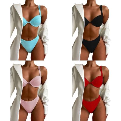 Summer Ladies Split Swimwear Set, Adults Women Simple Style Solid Color High Waist Bikini Sexy Backless Swimsuit for Vacation