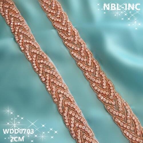 10 YARDS) Wholesale hand sewing bridal beaded rose gold crystal rhinestone applique trim iron on for wedding dress sash WDD0703