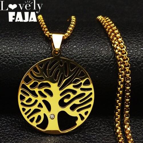 2021 Fashion Tree of Life Crystal Stainless Steel Statement Necklace for Men Gold Color Long Necklace Jewelry collares N1886