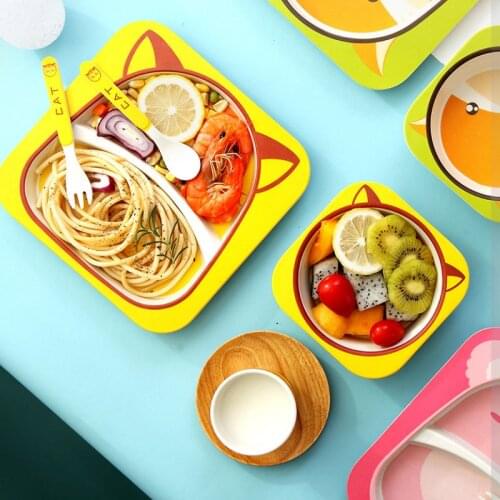 5 Pcs Baby Natural Tableware Set For Children Bamboo Fiber Material Reusable Cute Cartoon Pattern