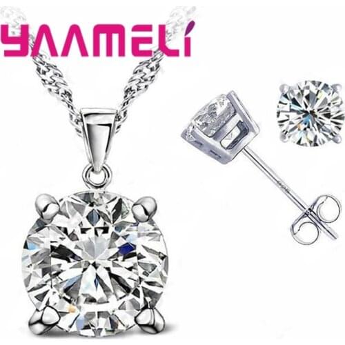 Free Shipping 925 Serling Silver Clear Cubic Zirconia Necklace Pendant Earrings Women Big Round Crystal Jewelry Sets