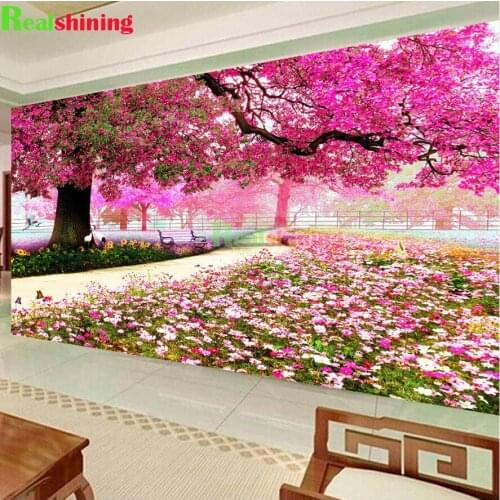 Large 5D DIY Diamond Painting Full Round Drill Pink Romantic Cherry Tree Gift Hanging Painting Diamond Painting N2079